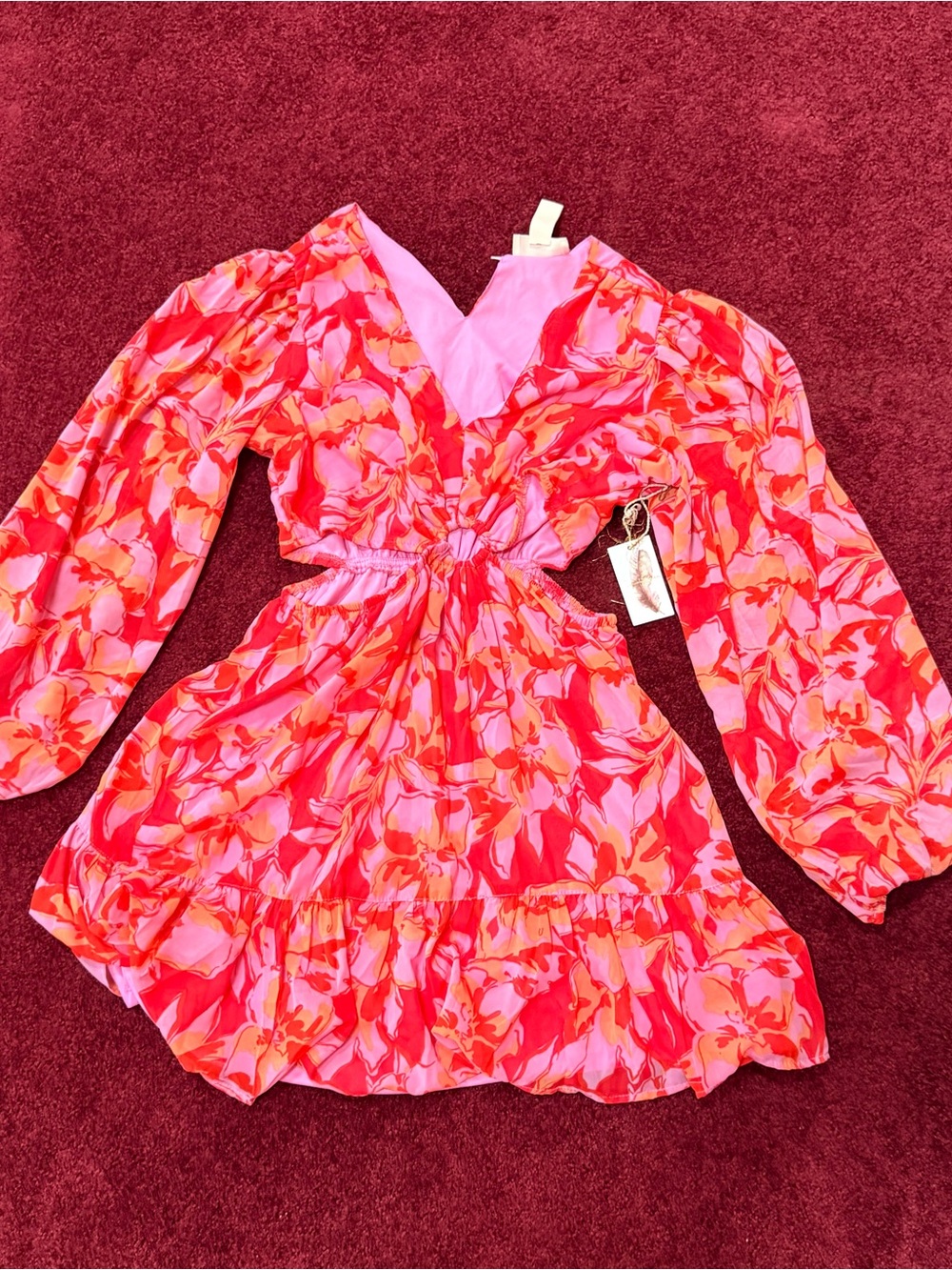 Jessica Simpson Pink & Red Floral Cutout Waist Dress